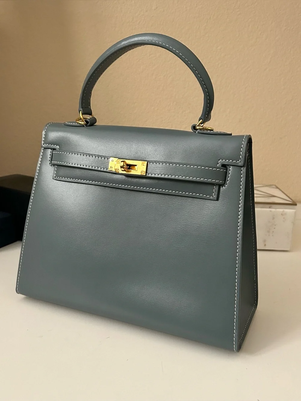 25cm Gold on Slate Blue Box Leather Top-Handle Satchel KL Style